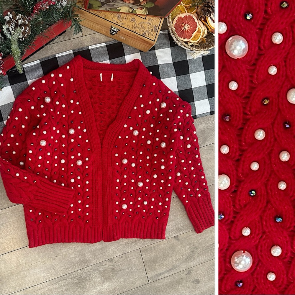 New BiBi Luxury Pearl & Rhinestone Chunky Knit Holiday Cardigan Grannycore Small - Picture 5 of 16